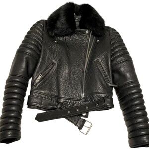 THE ARRIVALS Rainier Pebbled
Lamb Leather Jacket w/ Removable Fur Collar, XS